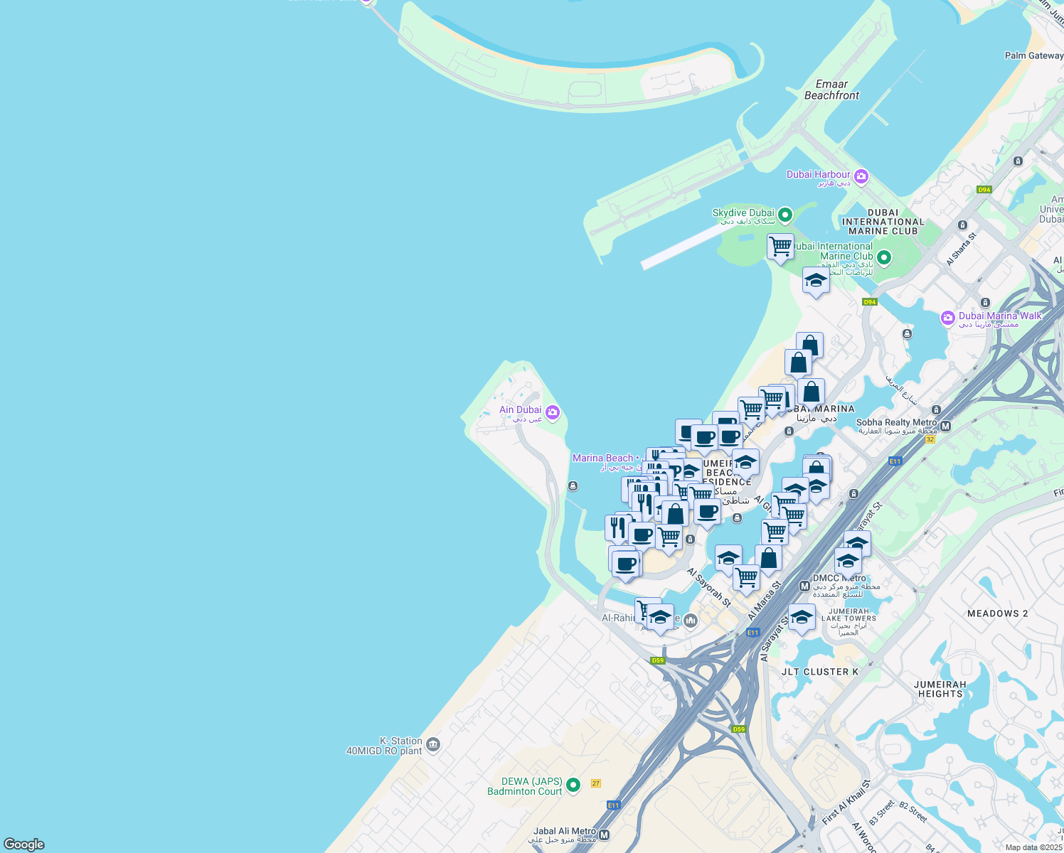 map of restaurants, bars, coffee shops, grocery stores, and more near شارع الإمارات in Dubai