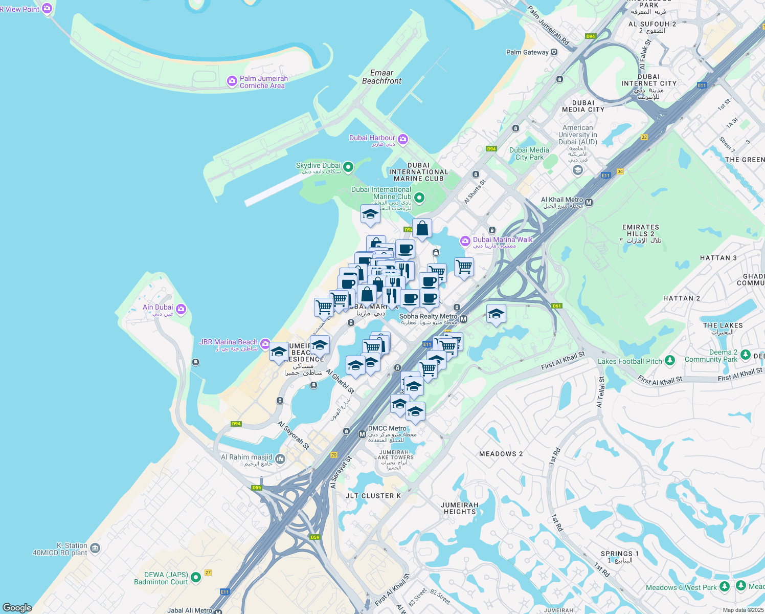 map of restaurants, bars, coffee shops, grocery stores, and more near Marina Promenade in Dubai