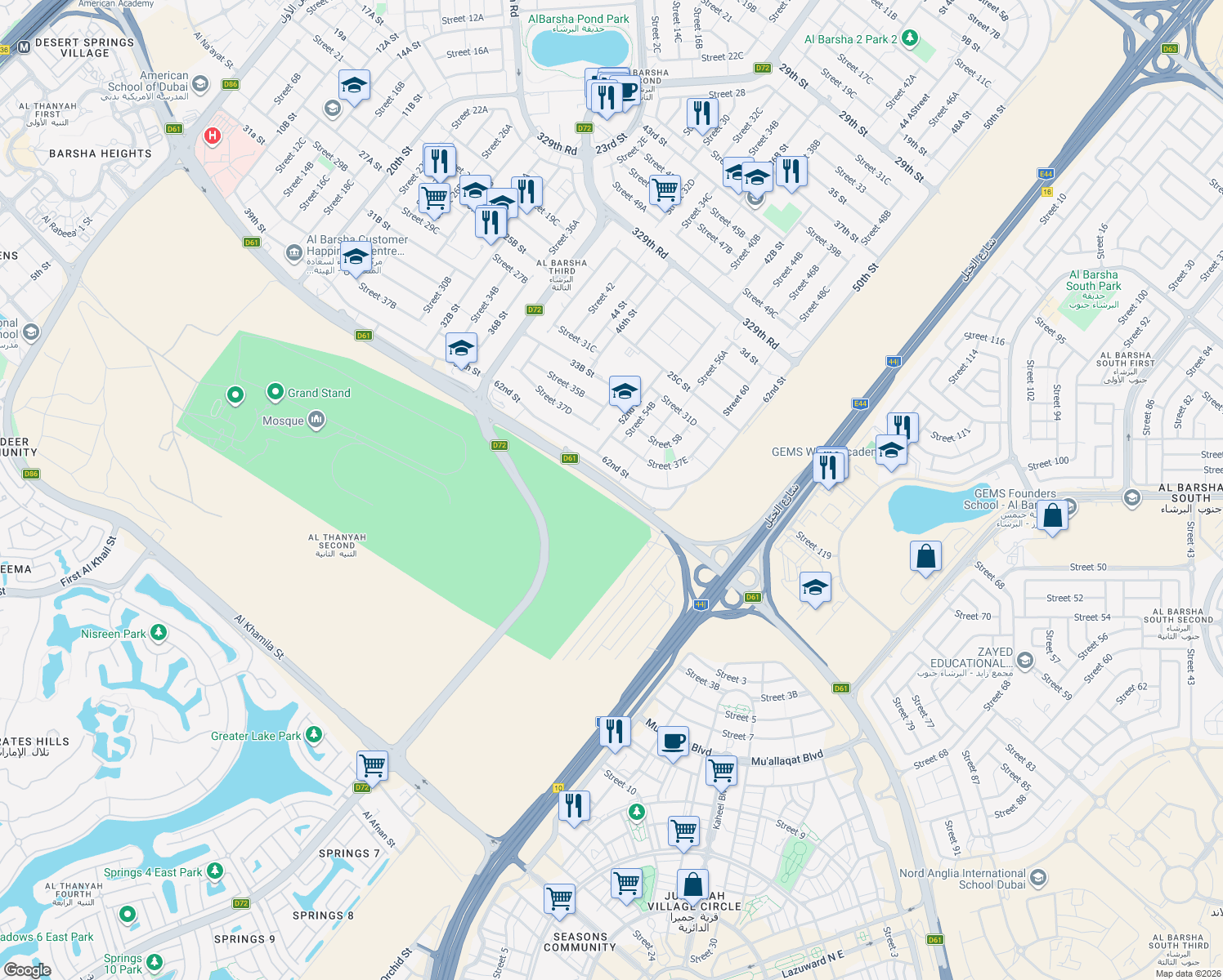 map of restaurants, bars, coffee shops, grocery stores, and more near Hessa Street in Dubai