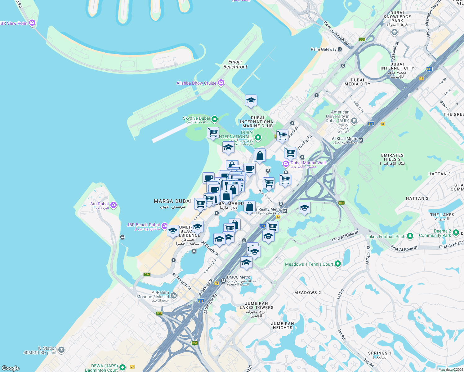map of restaurants, bars, coffee shops, grocery stores, and more near Al Mamsha Street in Dubai