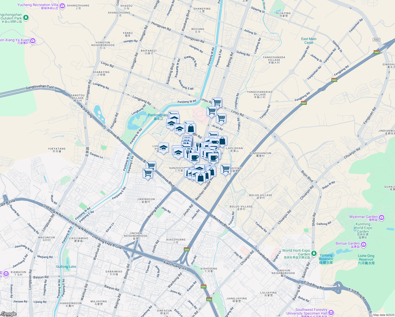 map of restaurants, bars, coffee shops, grocery stores, and more near Bei Jing Lu in Kun Ming Shi