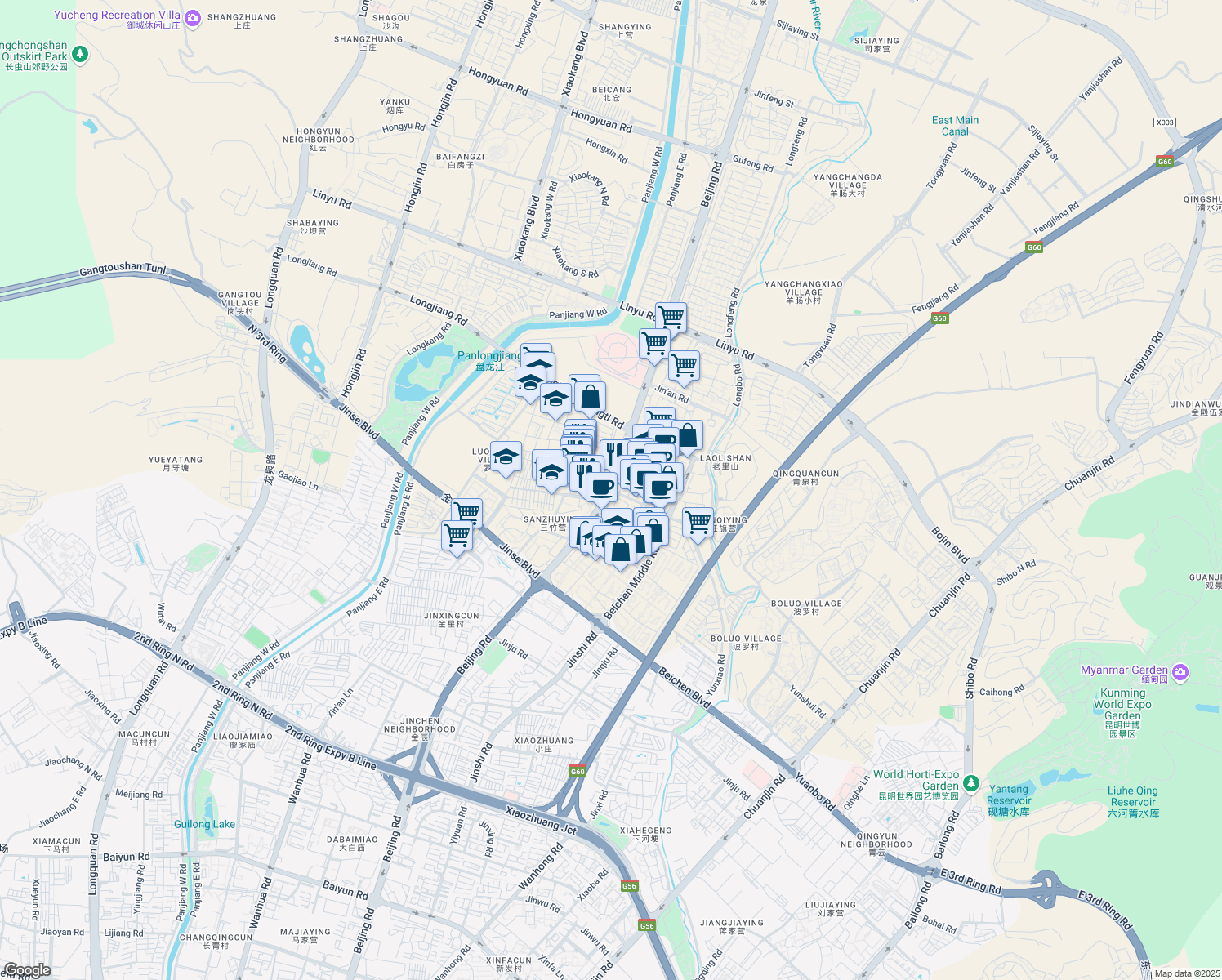 map of restaurants, bars, coffee shops, grocery stores, and more near Bei Jing Lu in Kun Ming Shi
