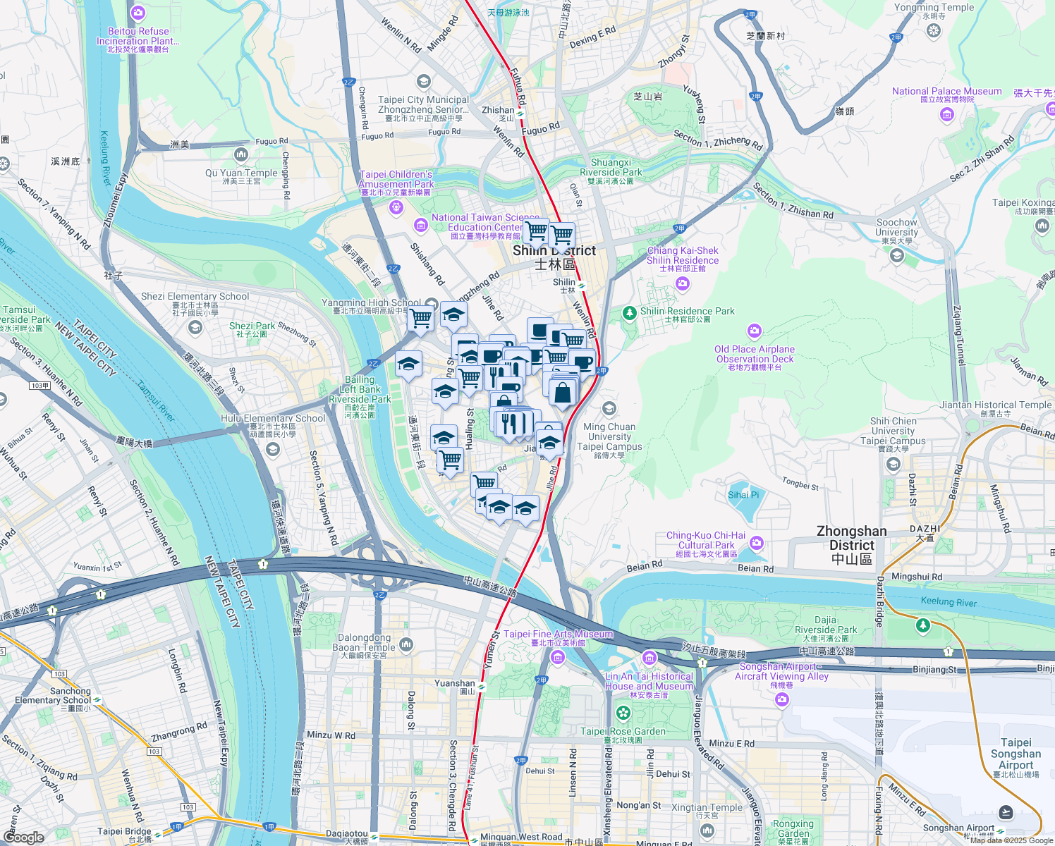 map of restaurants, bars, coffee shops, grocery stores, and more near 168 Section 4, Chengde Road in Shilin District