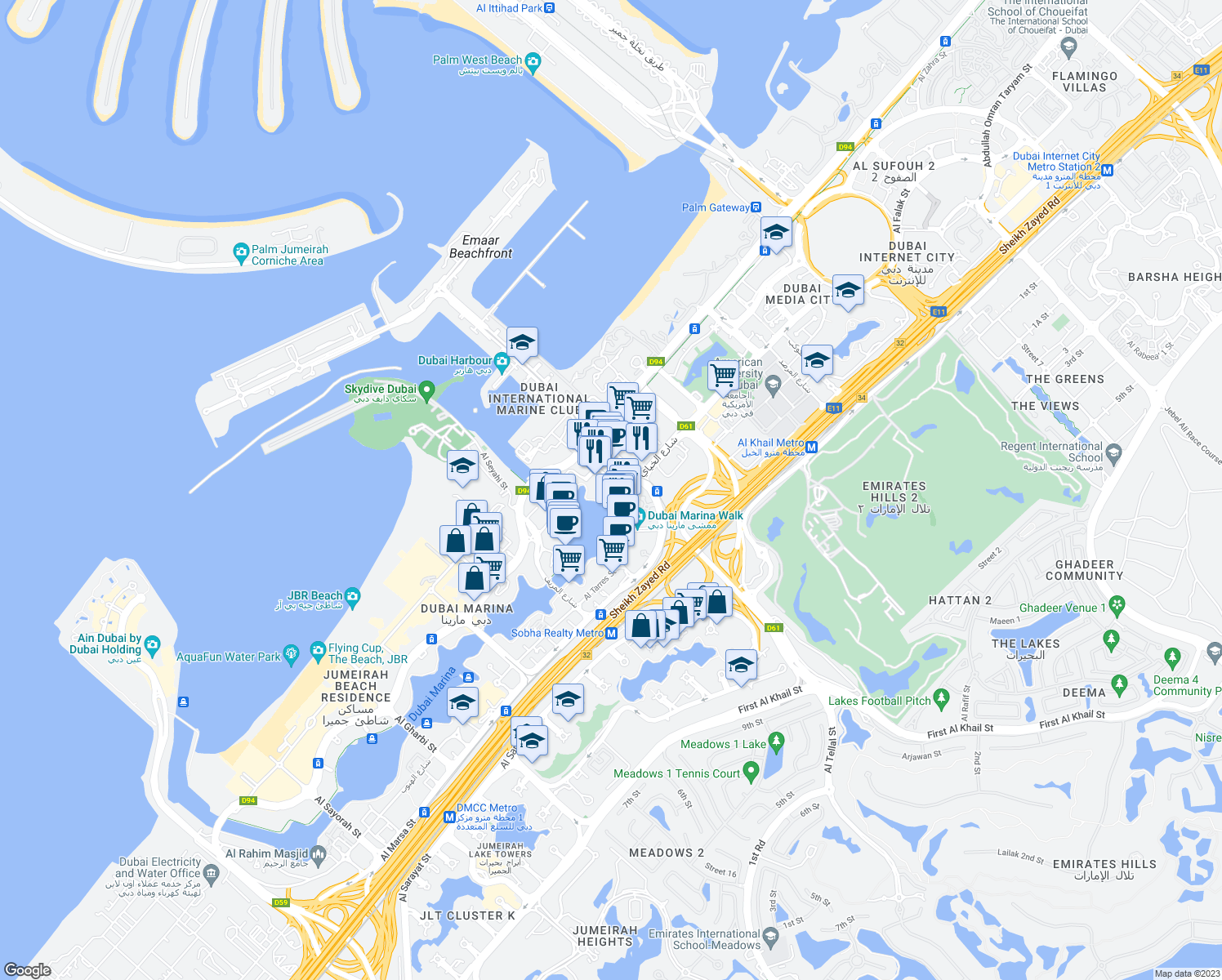 map of restaurants, bars, coffee shops, grocery stores, and more near Marina Promenade in Dubai