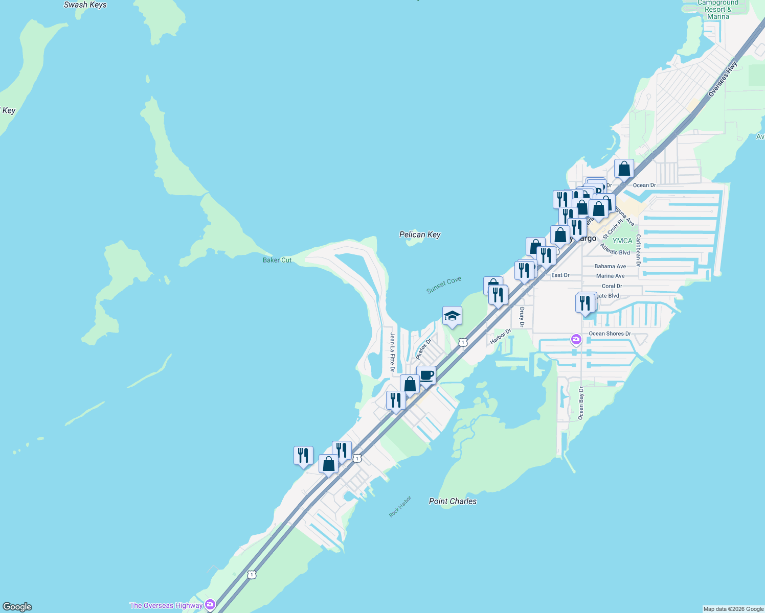map of restaurants, bars, coffee shops, grocery stores, and more near 13 Mutiny Pl in Key Largo