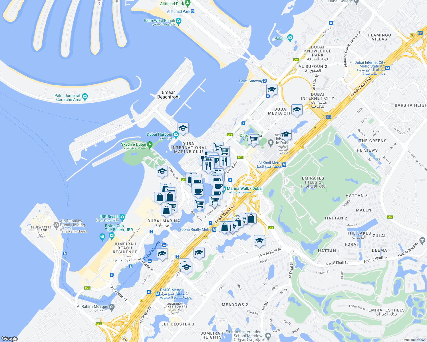 map of restaurants, bars, coffee shops, grocery stores, and more near in Dubai