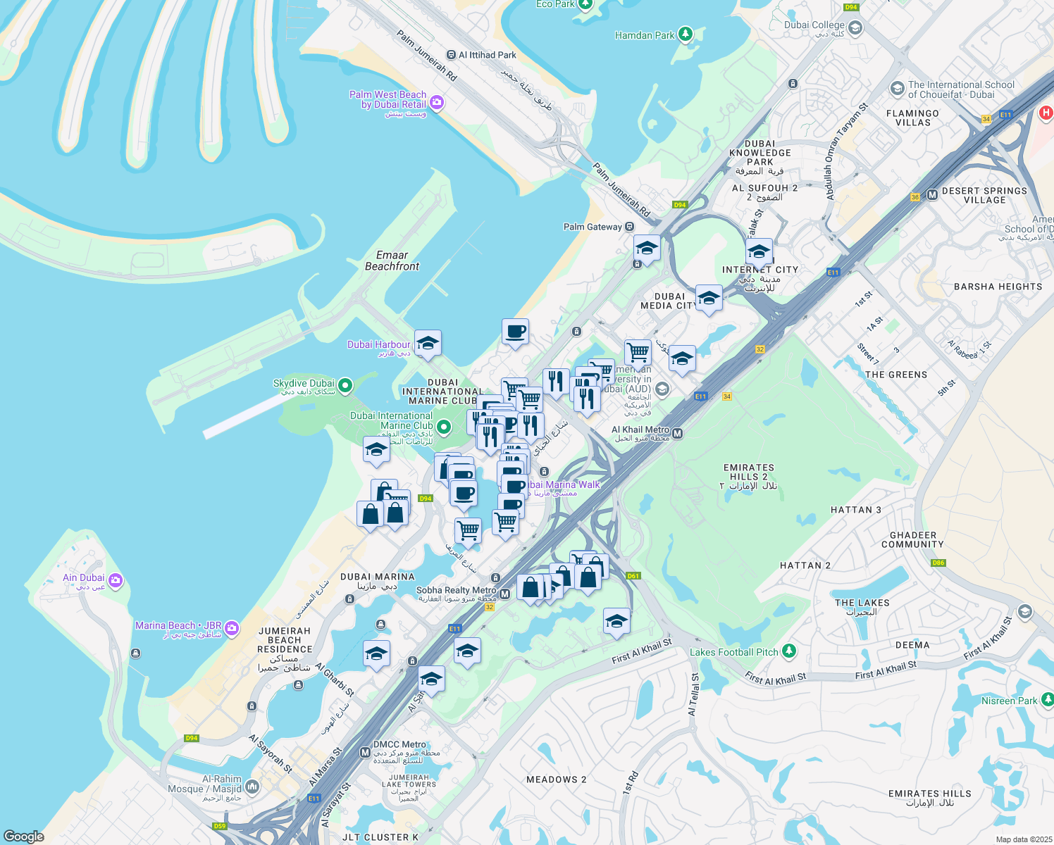 map of restaurants, bars, coffee shops, grocery stores, and more near Al Sharta Street in Dubai