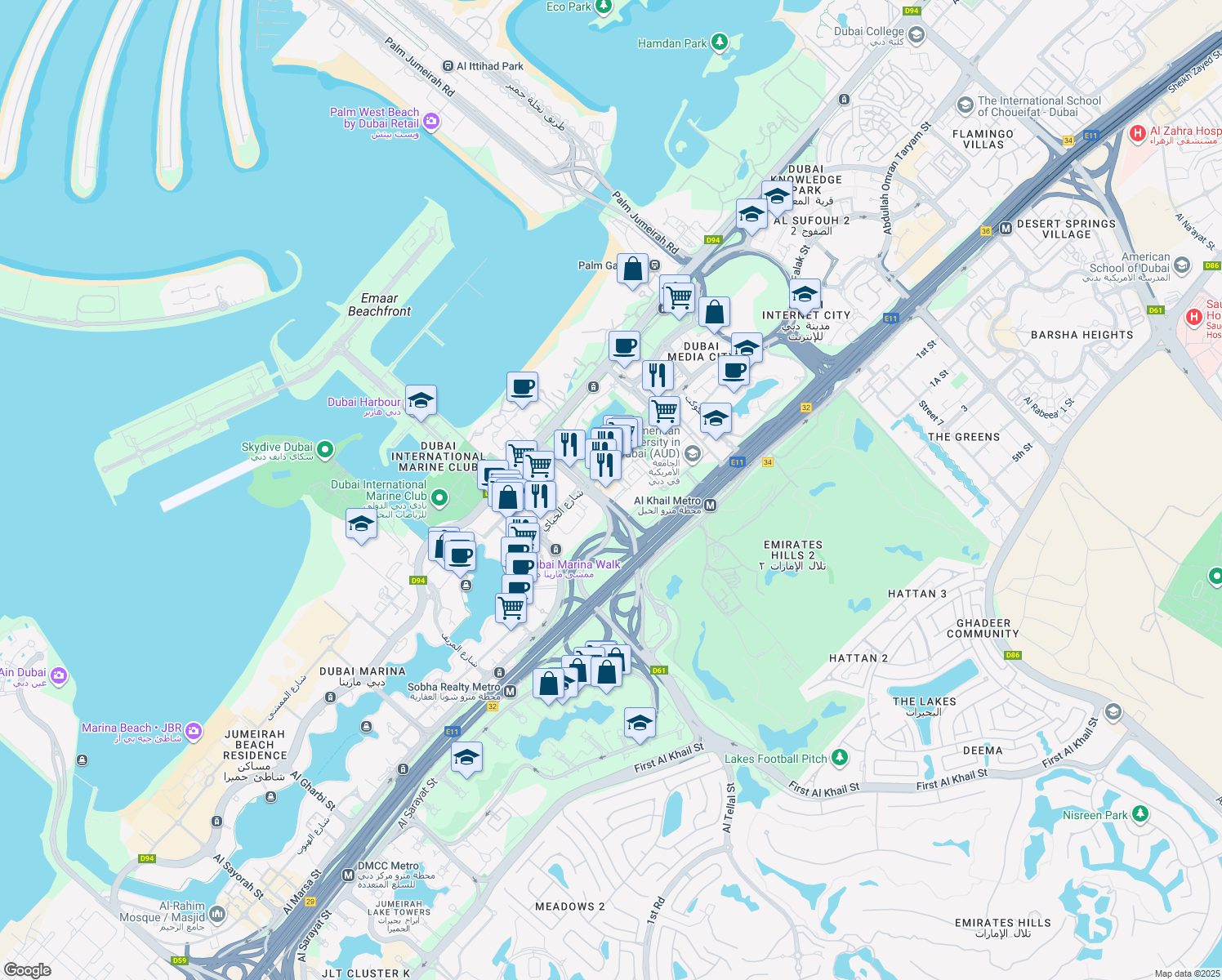 map of restaurants, bars, coffee shops, grocery stores, and more near 10 Al Jowzaa Street in Dubai