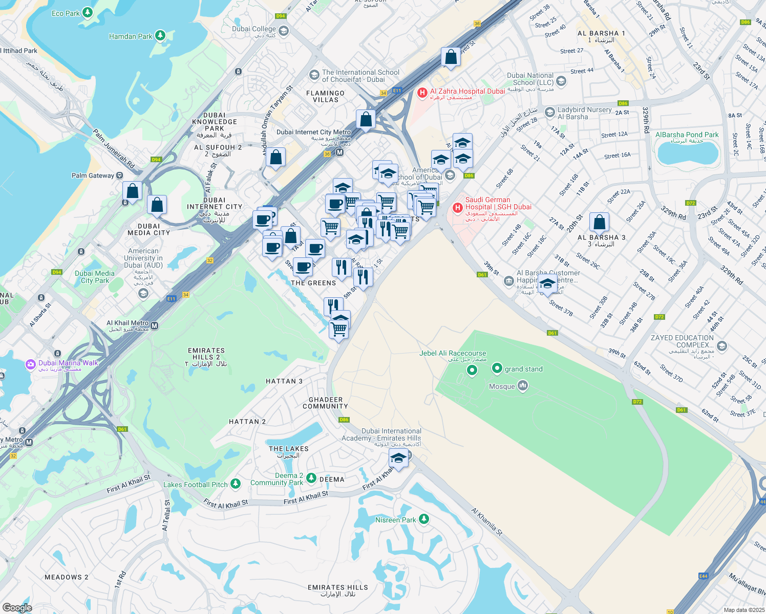 map of restaurants, bars, coffee shops, grocery stores, and more near Jebel Ali Race Course Road in Dubai
