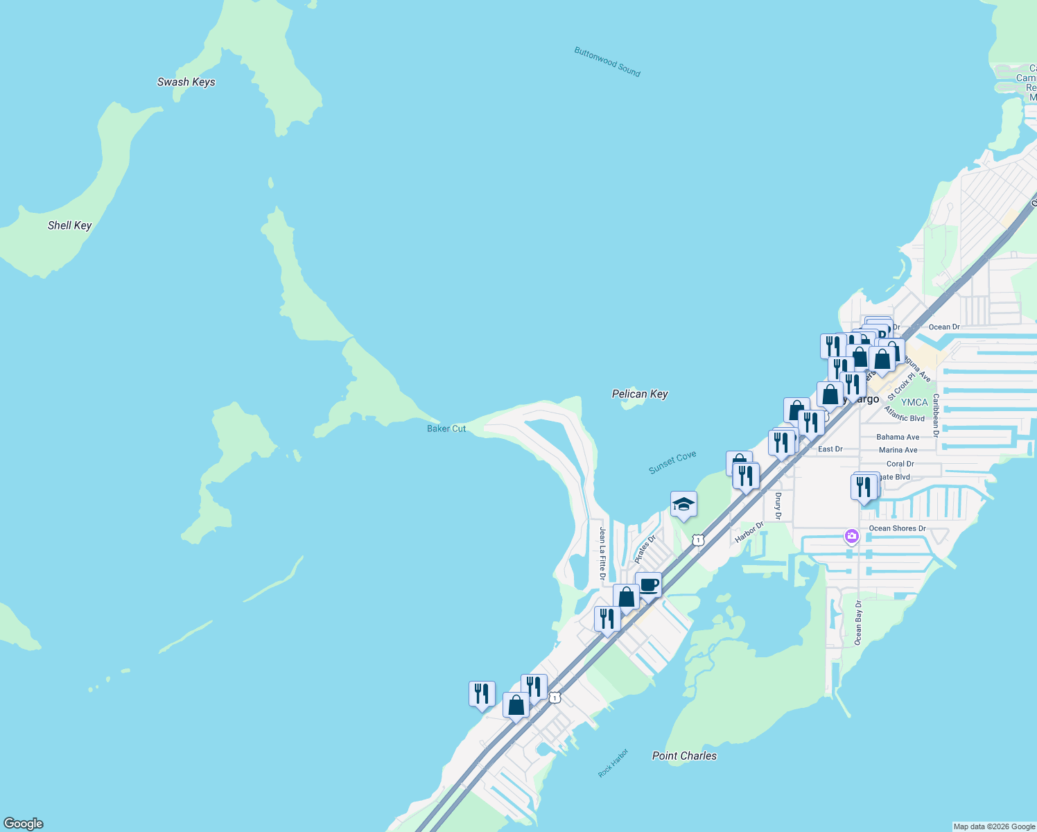 map of restaurants, bars, coffee shops, grocery stores, and more near 81 Mutiny Pl in Key Largo