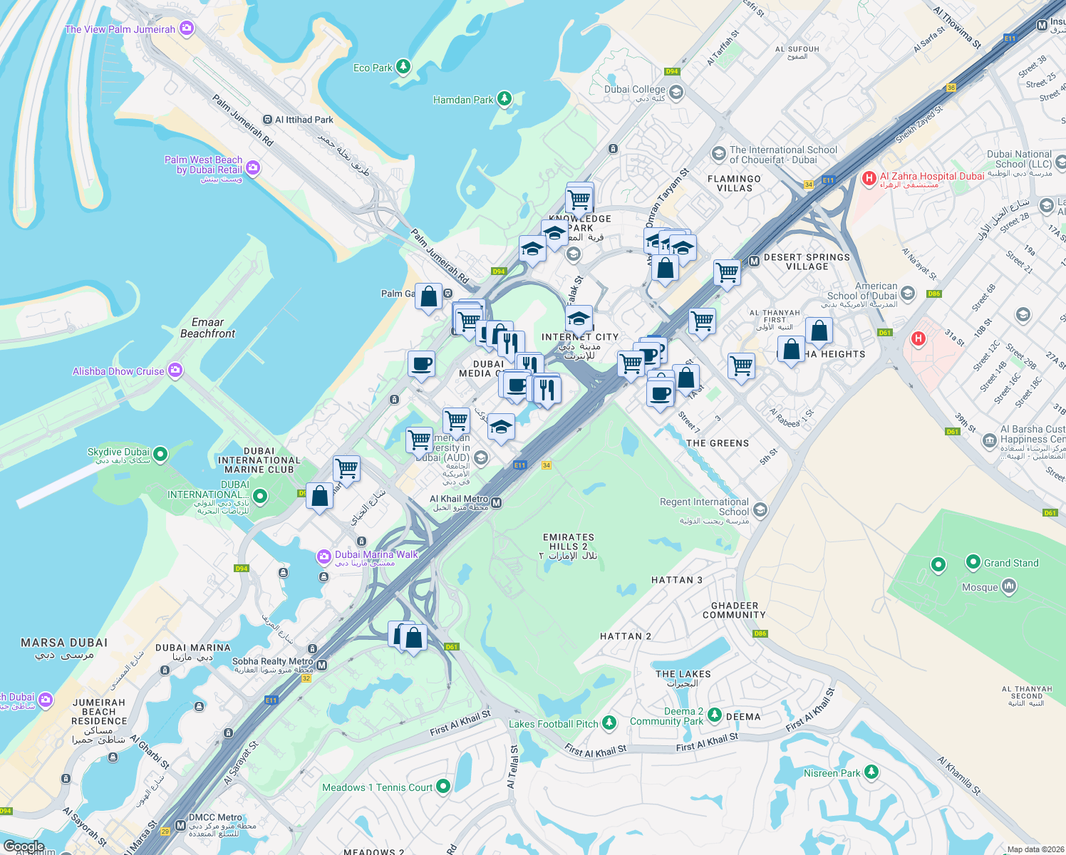 map of restaurants, bars, coffee shops, grocery stores, and more near in Dubai