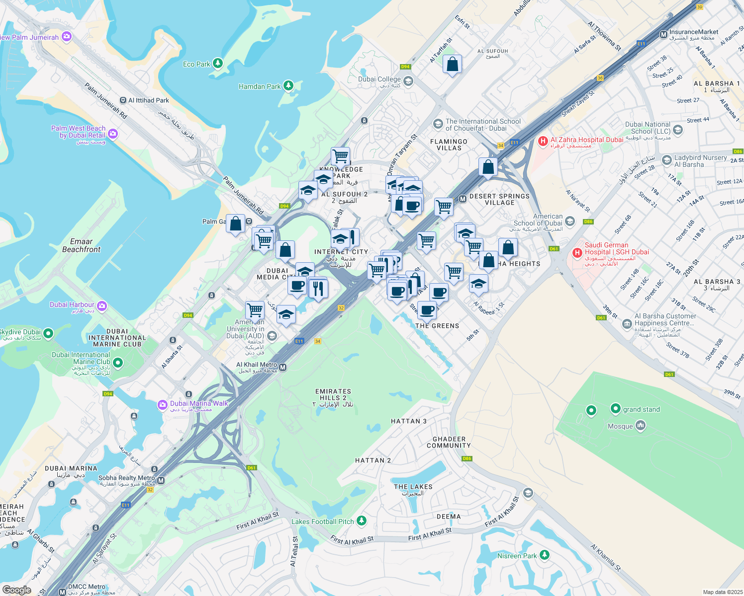 map of restaurants, bars, coffee shops, grocery stores, and more near 1 Sheikh Zayed Road in Dubai