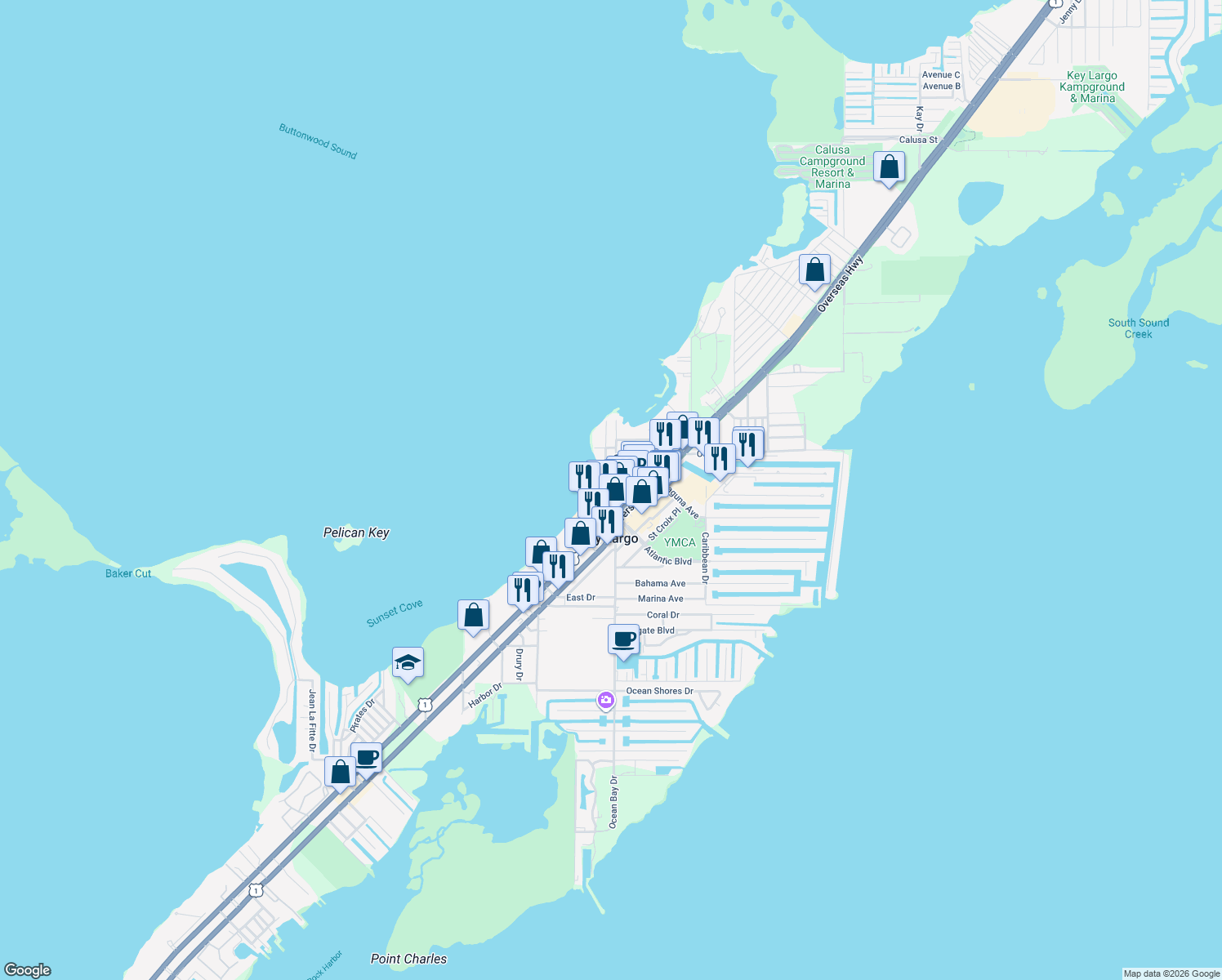 map of restaurants, bars, coffee shops, grocery stores, and more near 130 Ocean Bay Drive in Key Largo