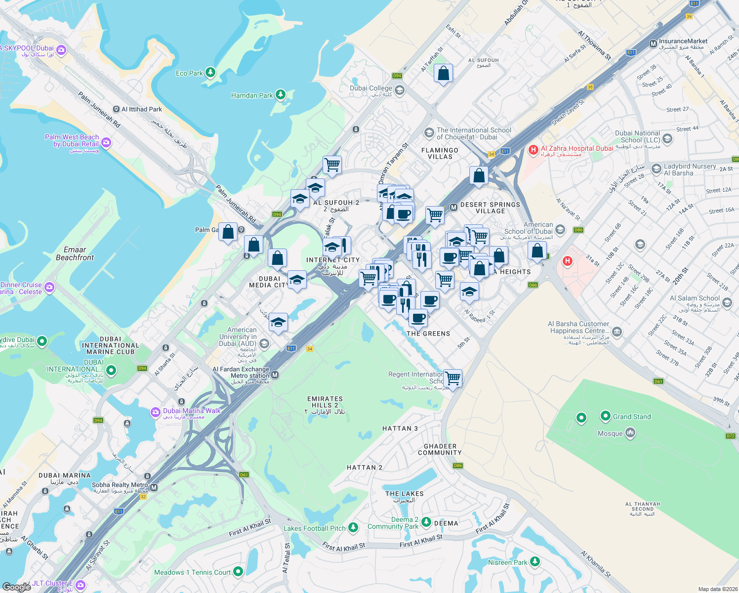 map of restaurants, bars, coffee shops, grocery stores, and more near Sheikh Zayed Road in Dubai