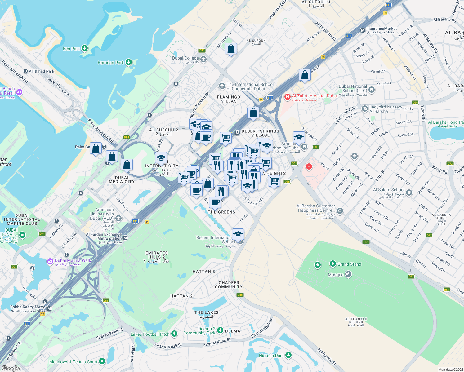 map of restaurants, bars, coffee shops, grocery stores, and more near Jebel Ali Race Course Road in Dubai