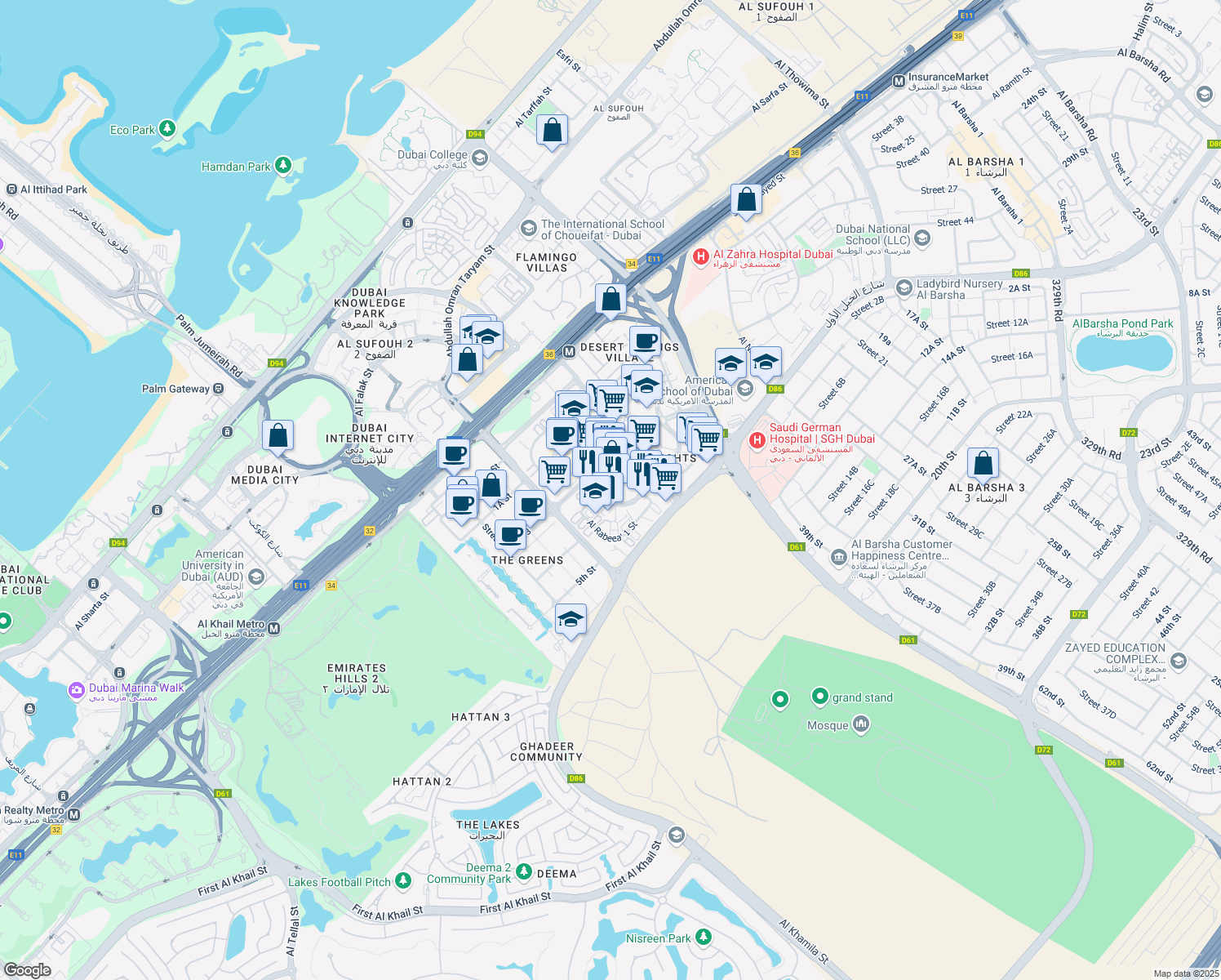 map of restaurants, bars, coffee shops, grocery stores, and more near in Dubai