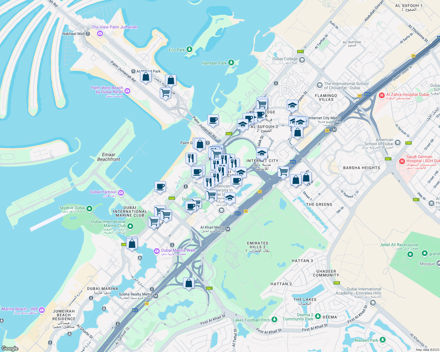 map of restaurants, bars, coffee shops, grocery stores, and more near in Dubai