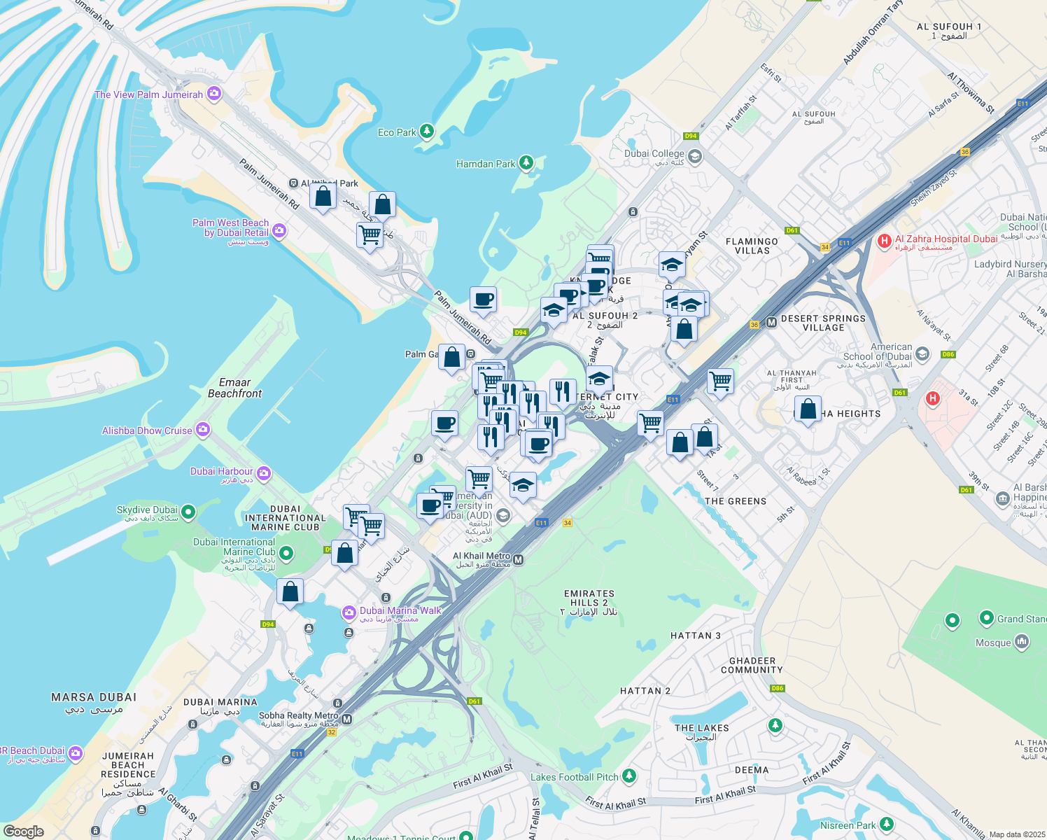 map of restaurants, bars, coffee shops, grocery stores, and more near 3 Street in Dubai
