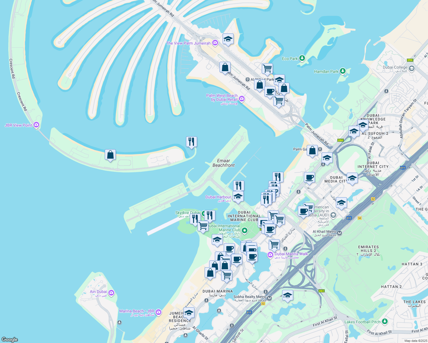 map of restaurants, bars, coffee shops, grocery stores, and more near in Dubai