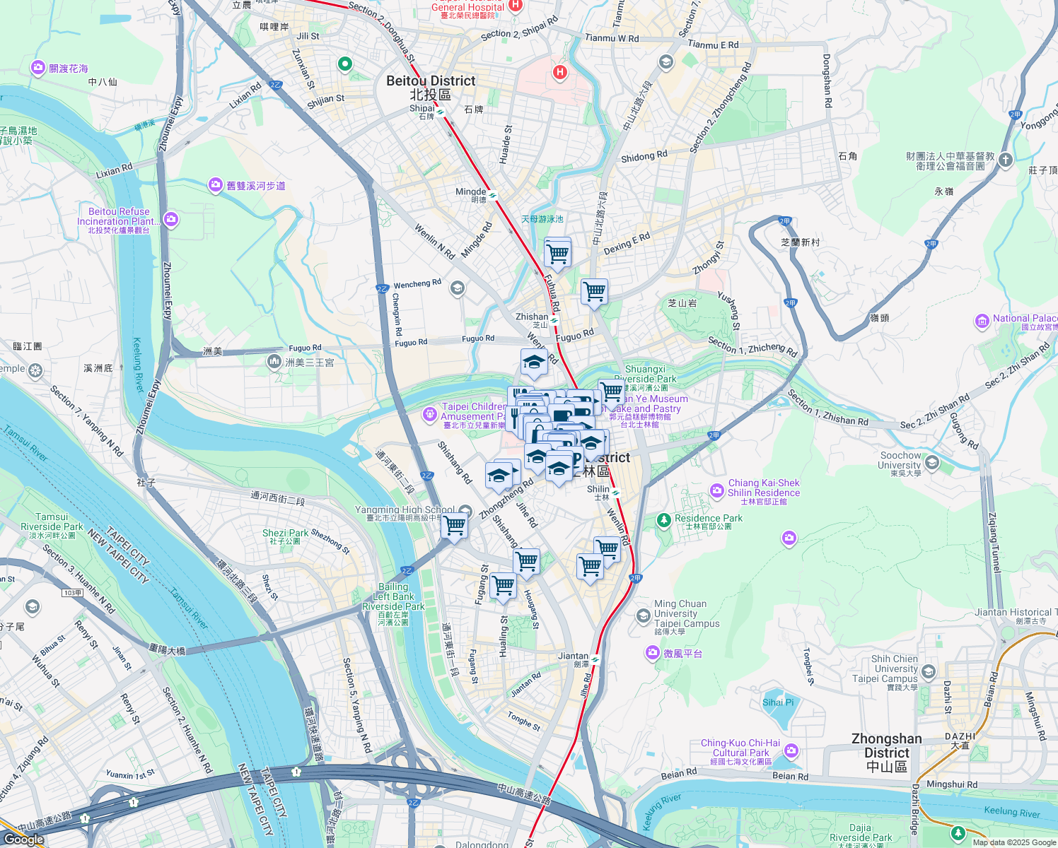 map of restaurants, bars, coffee shops, grocery stores, and more near 126 Wenchang Road in Shilin District