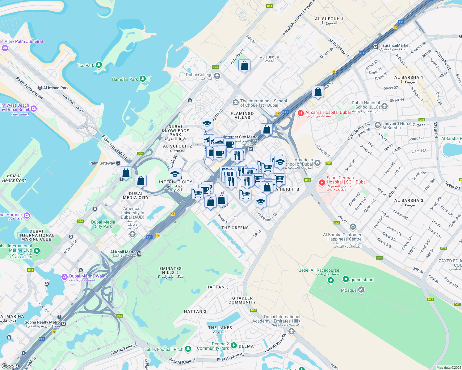map of restaurants, bars, coffee shops, grocery stores, and more near Jebel Ali Race Course Road in Dubai