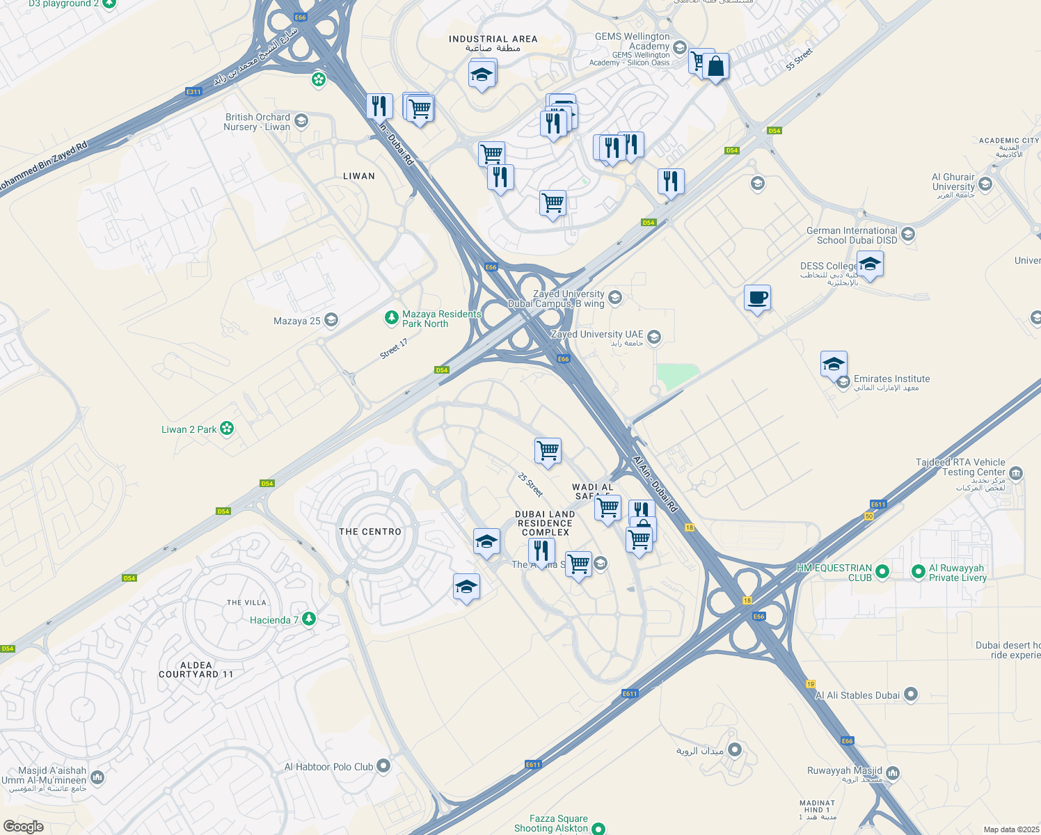 map of restaurants, bars, coffee shops, grocery stores, and more near Al Ain - Dubai Road in Dubai