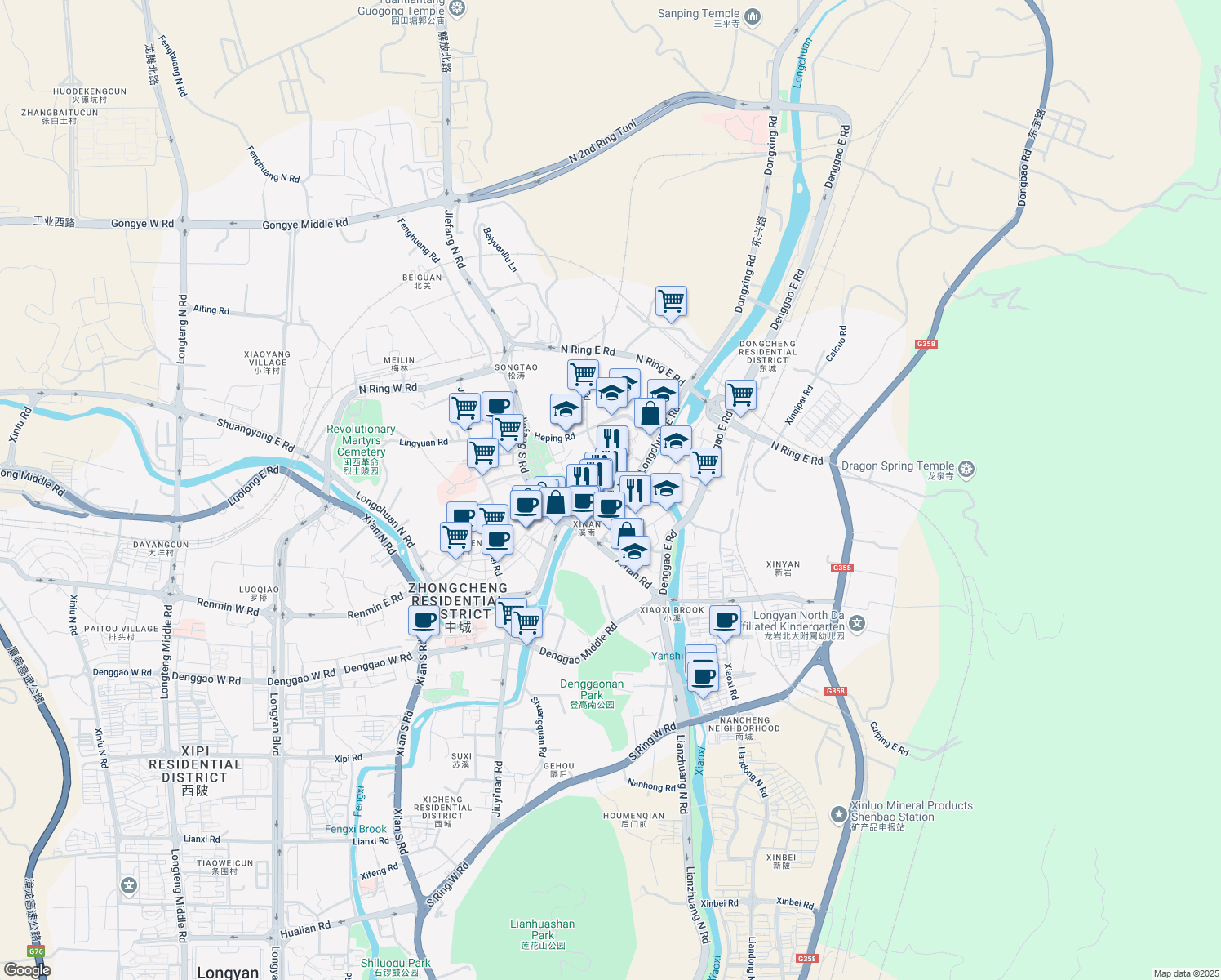 map of restaurants, bars, coffee shops, grocery stores, and more near in Longyan