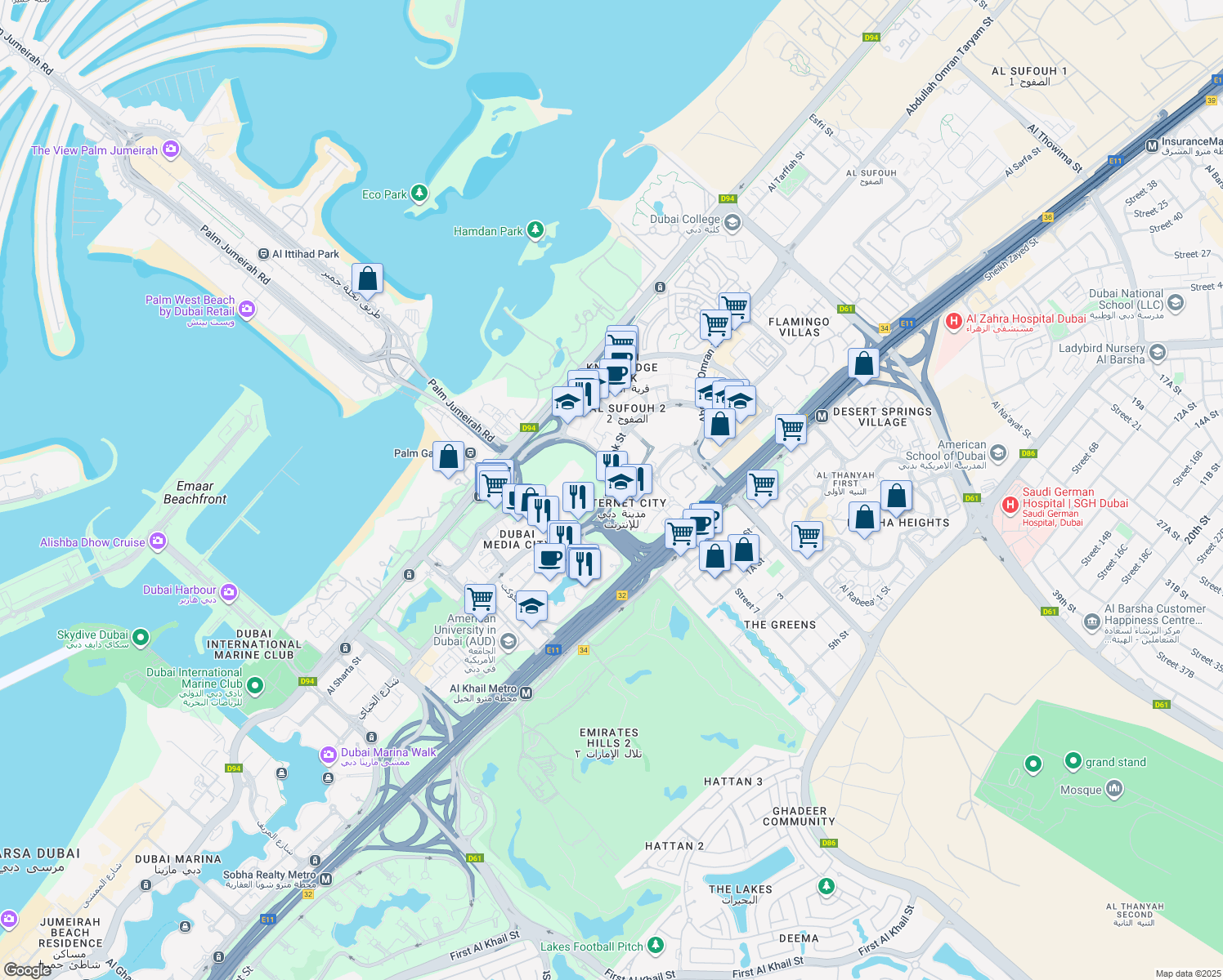 map of restaurants, bars, coffee shops, grocery stores, and more near Al Falak Street in Dubai