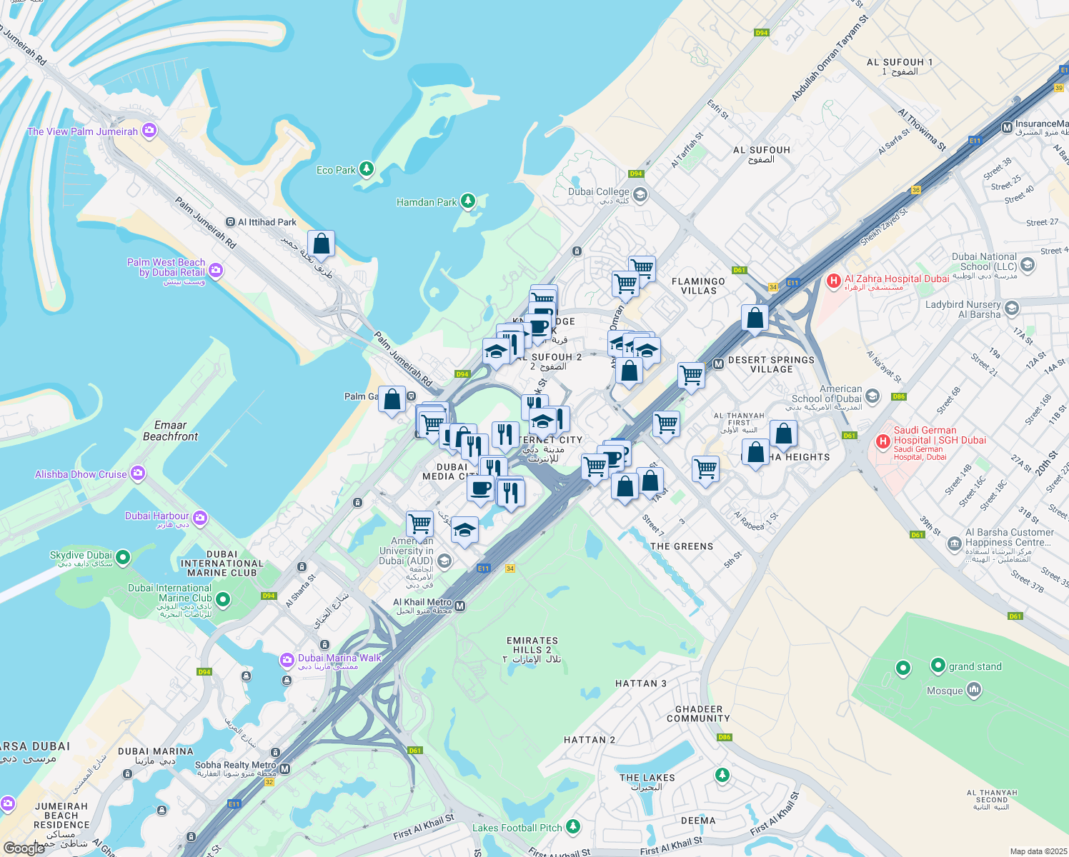 map of restaurants, bars, coffee shops, grocery stores, and more near Al Falak Street in Dubai