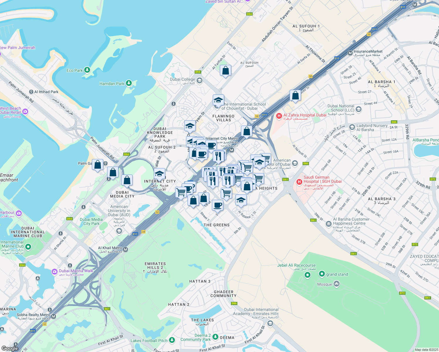 map of restaurants, bars, coffee shops, grocery stores, and more near in Dubai