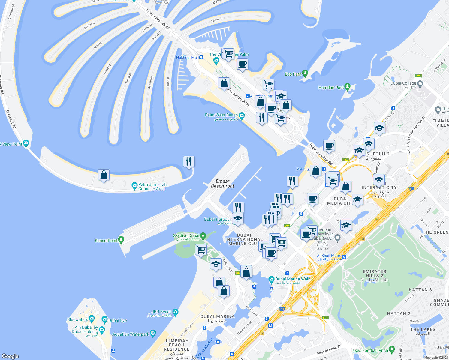 map of restaurants, bars, coffee shops, grocery stores, and more near in Dubai