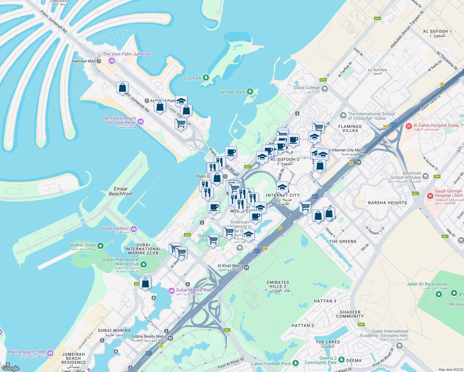 map of restaurants, bars, coffee shops, grocery stores, and more near Al Sufouh Road in Dubai
