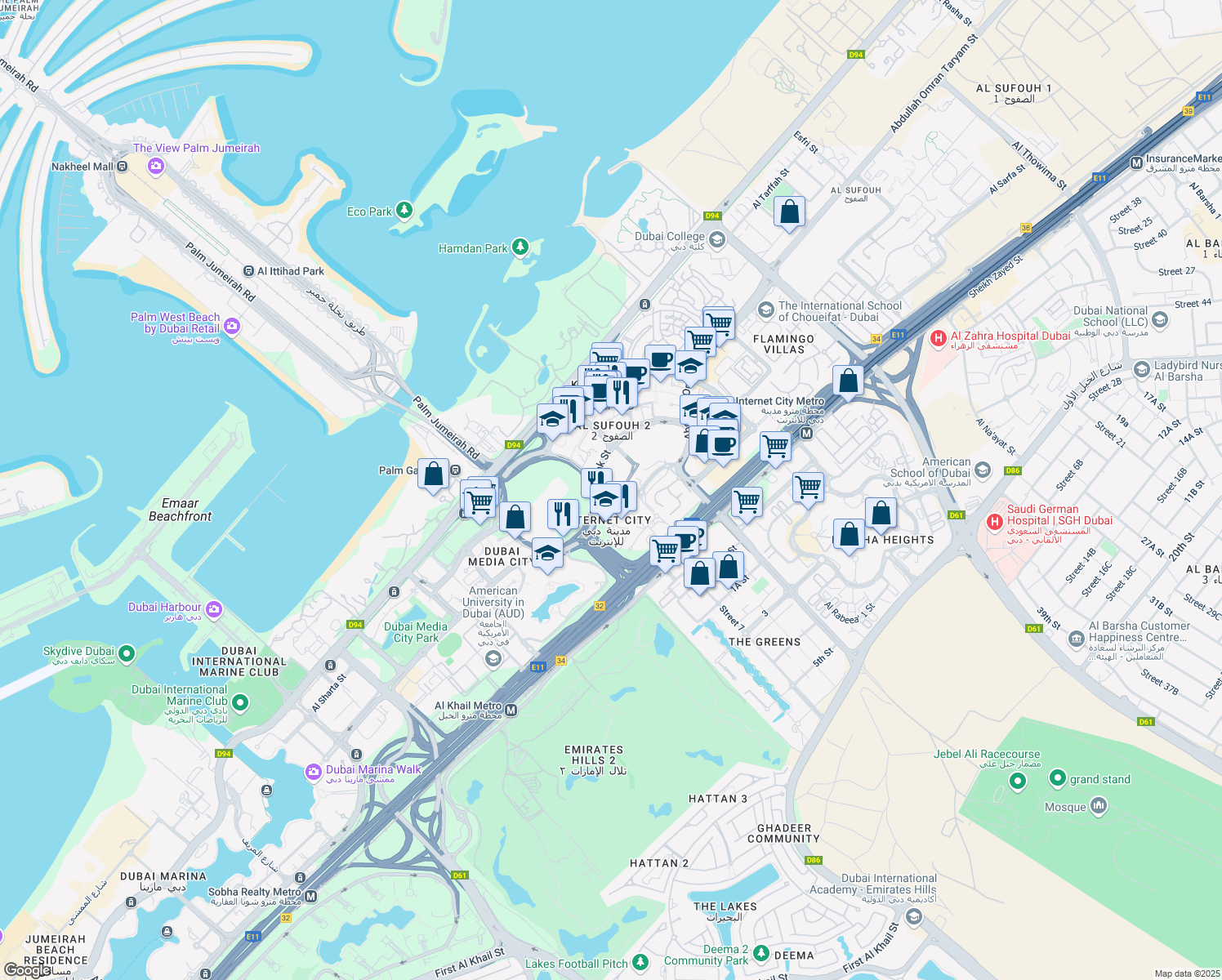 map of restaurants, bars, coffee shops, grocery stores, and more near in Dubai