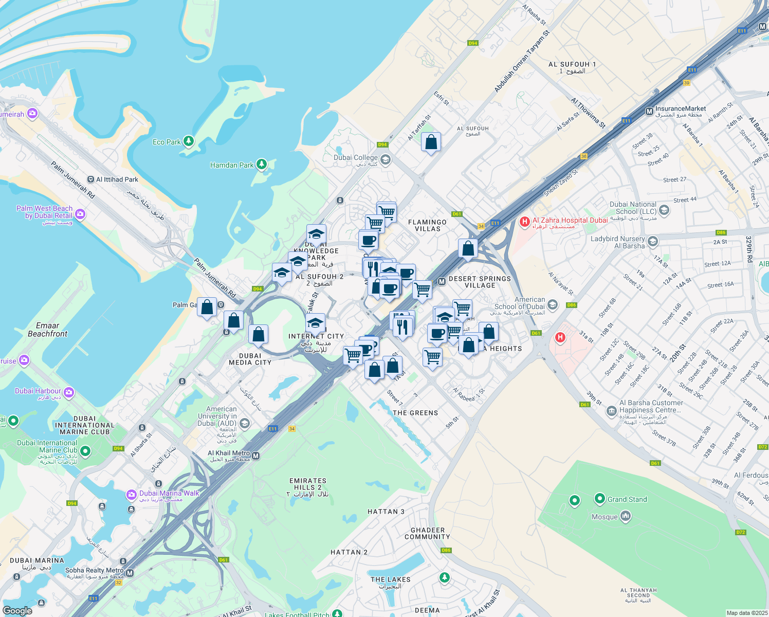 map of restaurants, bars, coffee shops, grocery stores, and more near 16 Street 2 in Dubai