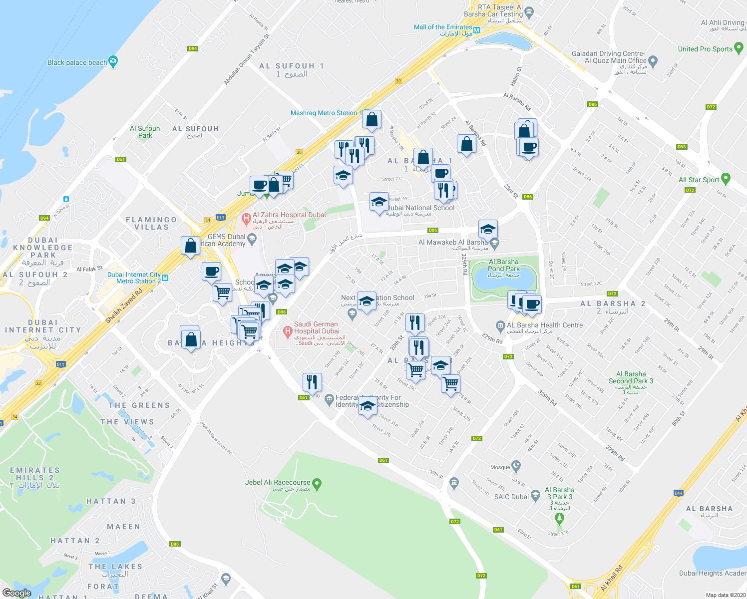 map of restaurants, bars, coffee shops, grocery stores, and more near 28 21a Street in Dubai