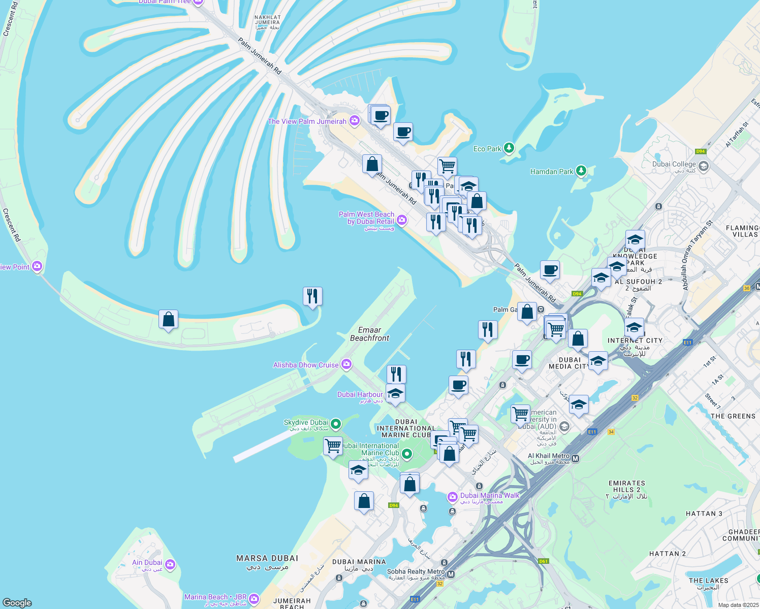 map of restaurants, bars, coffee shops, grocery stores, and more near in Dubai