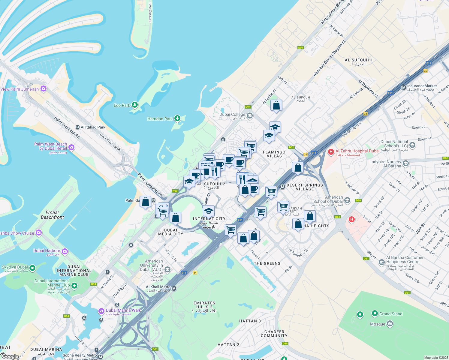 map of restaurants, bars, coffee shops, grocery stores, and more near Al Falak Street in Dubai
