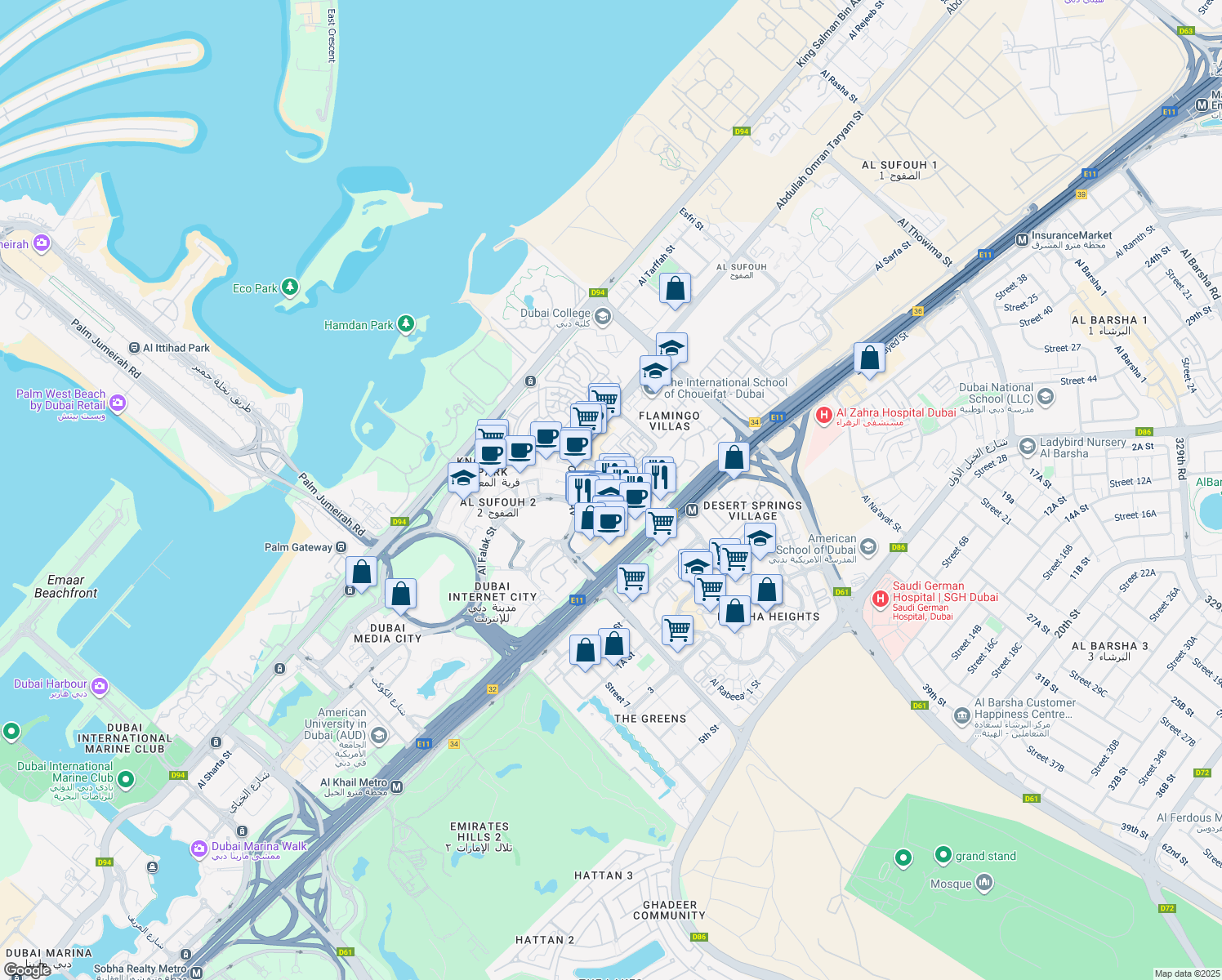 map of restaurants, bars, coffee shops, grocery stores, and more near in Dubai