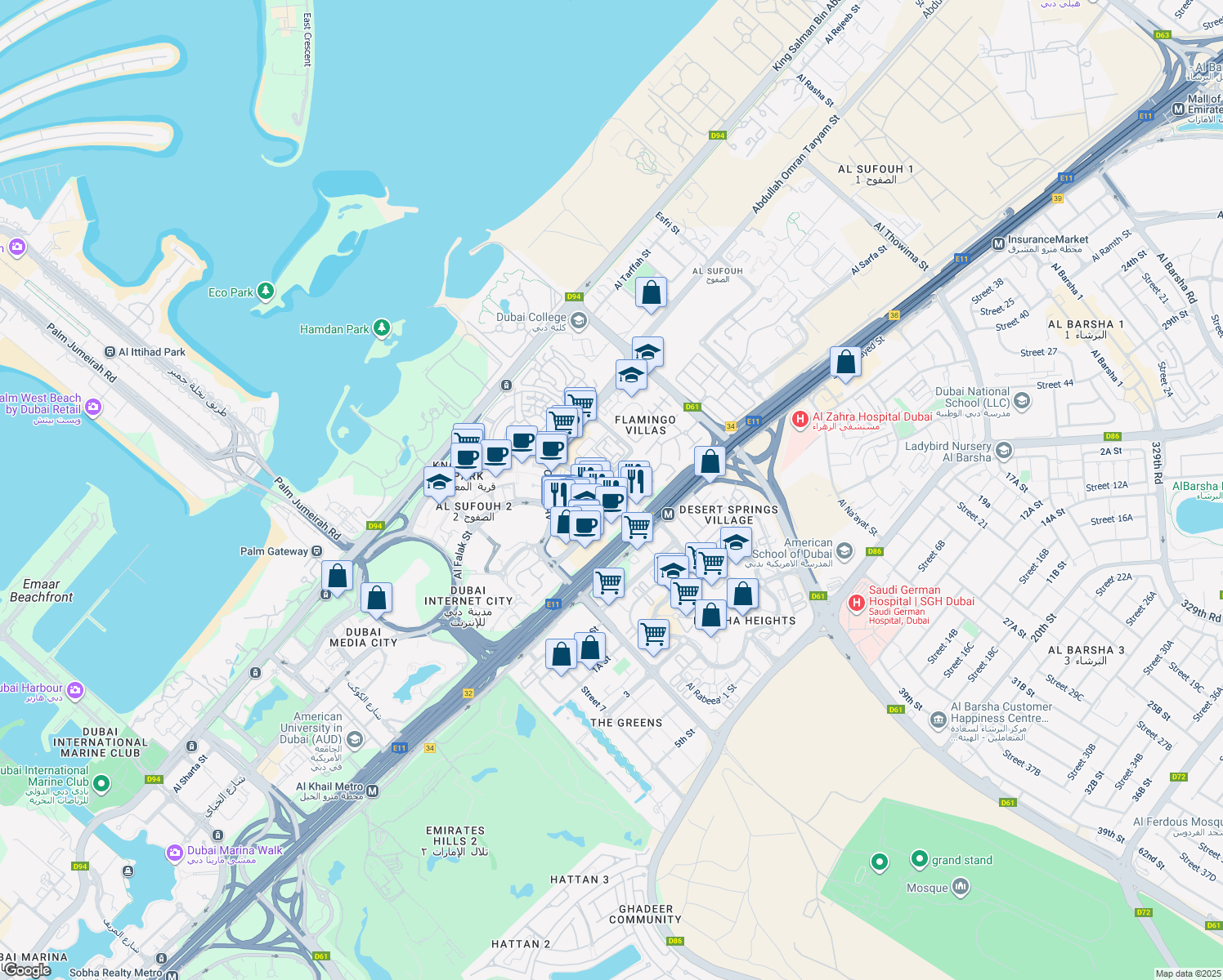 map of restaurants, bars, coffee shops, grocery stores, and more near in Dubai