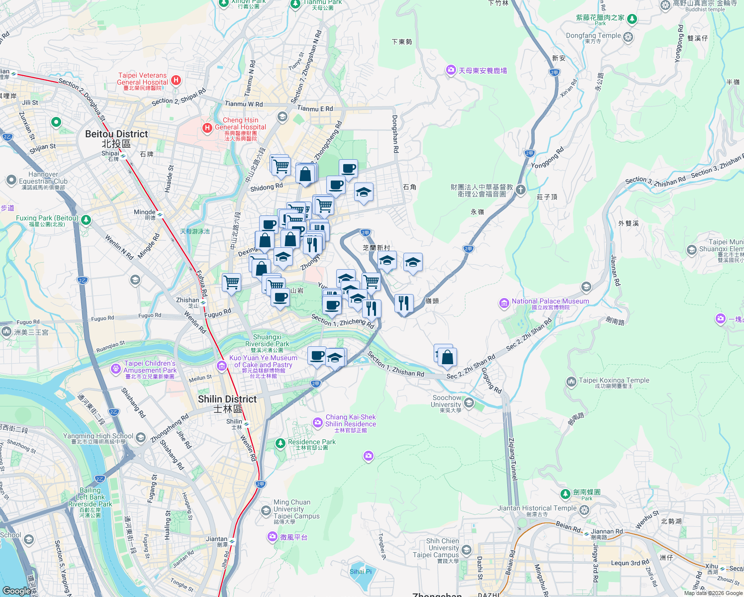 map of restaurants, bars, coffee shops, grocery stores, and more near Section 1, Yangde Boulevard in Shilin District