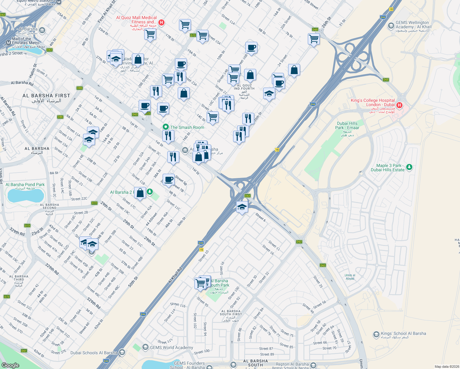 map of restaurants, bars, coffee shops, grocery stores, and more near Umm Suqeim Street in Dubai