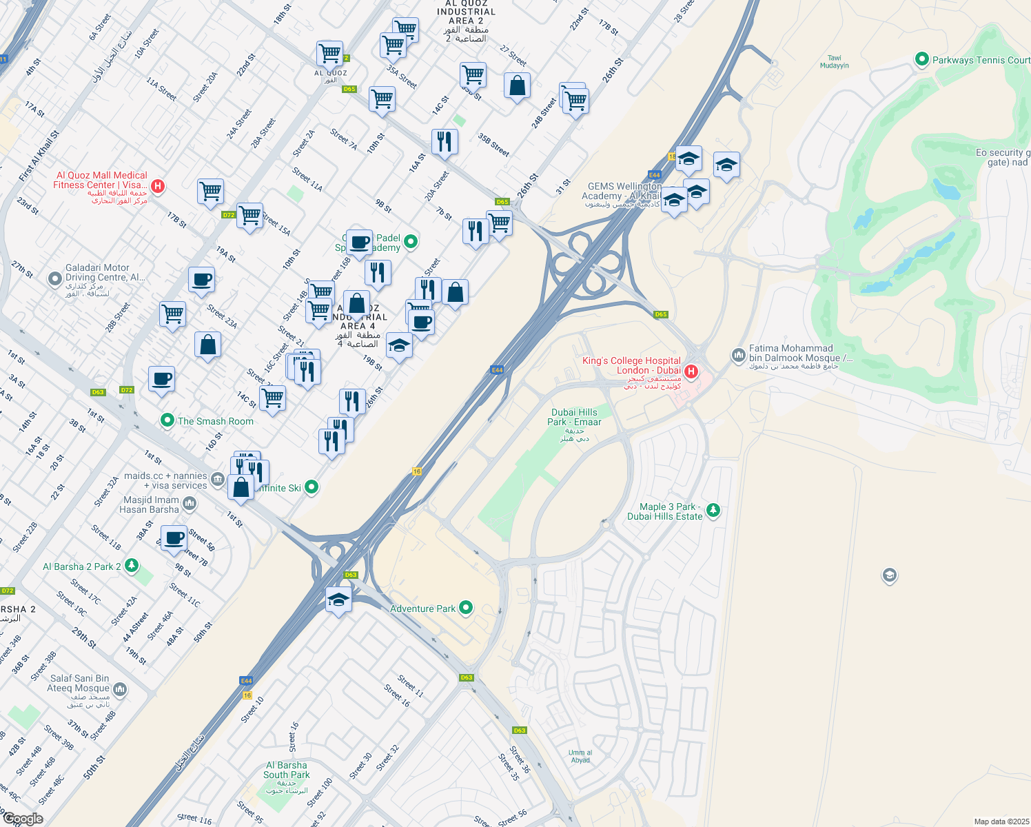 map of restaurants, bars, coffee shops, grocery stores, and more near in دبي