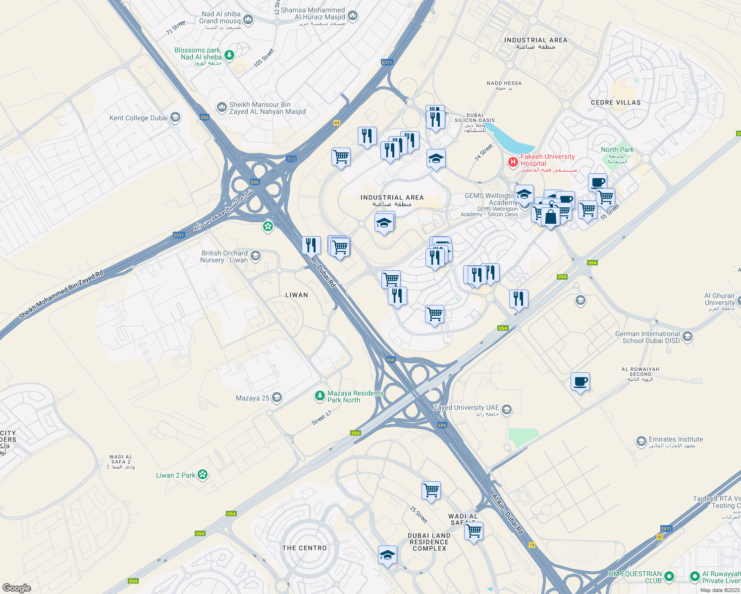 map of restaurants, bars, coffee shops, grocery stores, and more near in Dubai