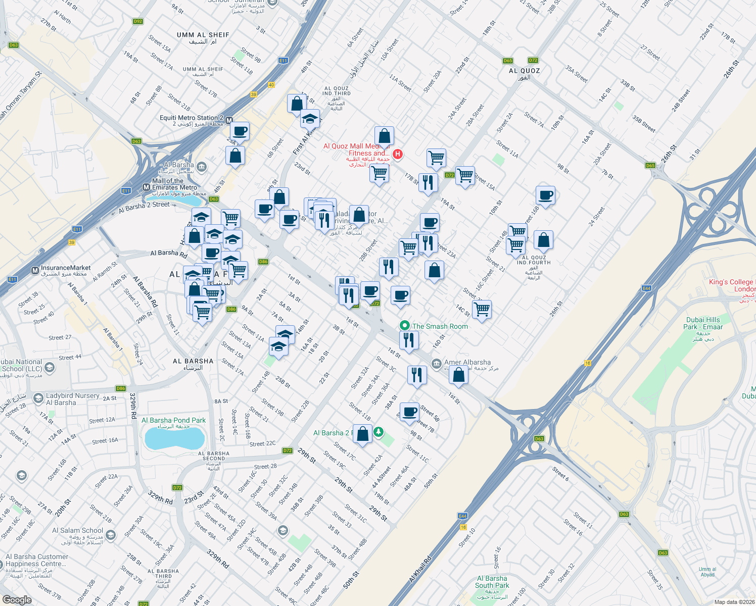 map of restaurants, bars, coffee shops, grocery stores, and more near Al Asayel Street in Dubai