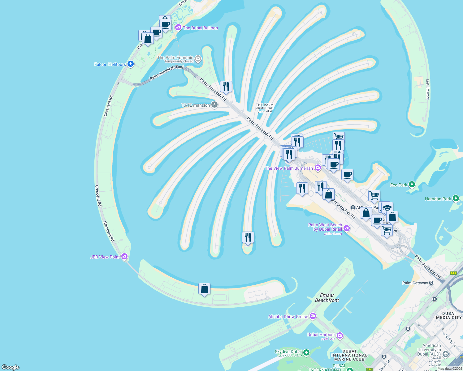 map of restaurants, bars, coffee shops, grocery stores, and more near Al Naghal in Dubai