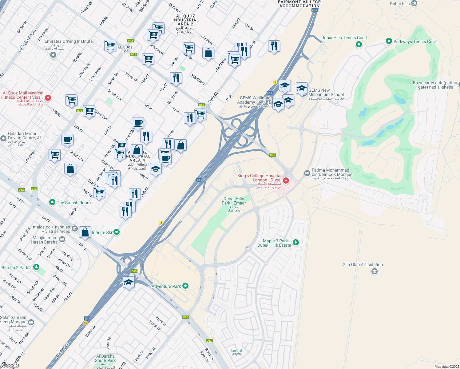 map of restaurants, bars, coffee shops, grocery stores, and more near Al Khail Road in Dubai