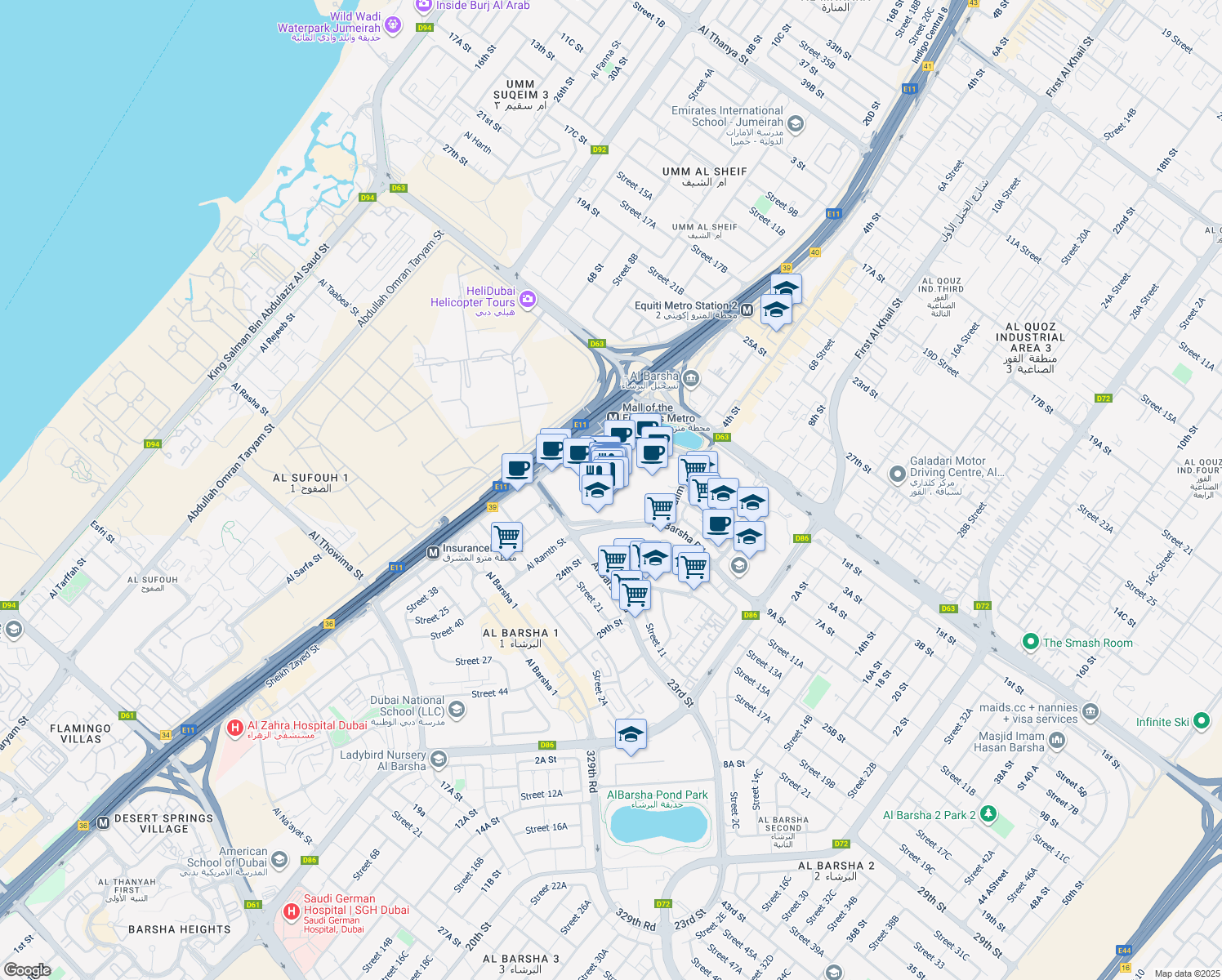 map of restaurants, bars, coffee shops, grocery stores, and more near Sheikh Zayed Road in Dubai