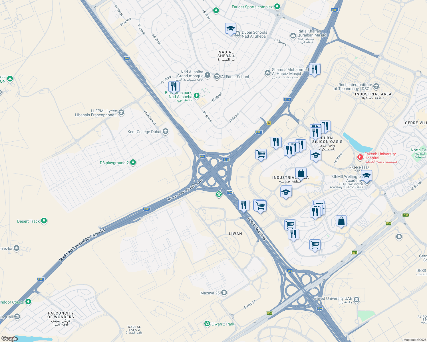 map of restaurants, bars, coffee shops, grocery stores, and more near Al Ain - Dubai Road in Dubai