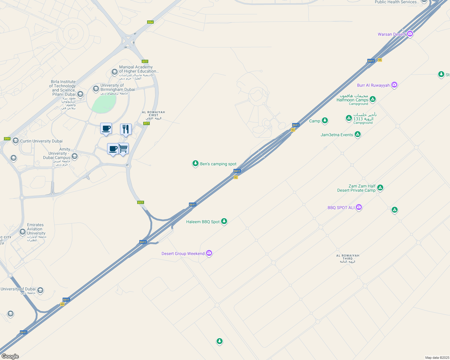 map of restaurants, bars, coffee shops, grocery stores, and more near Emirates Road in Dubai