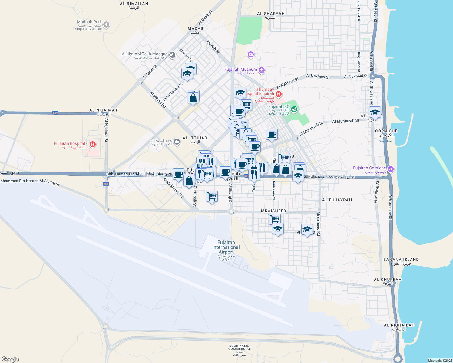 map of restaurants, bars, coffee shops, grocery stores, and more near E89 in Fujairah